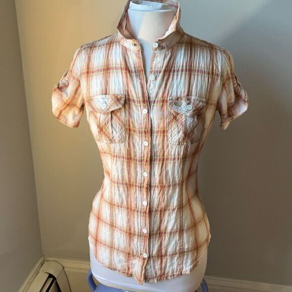 Carhartt Plaid Short Sleeve Button Up, XS. Pink/cream/khaki. Textured gorpcore - Picture 7 of 16